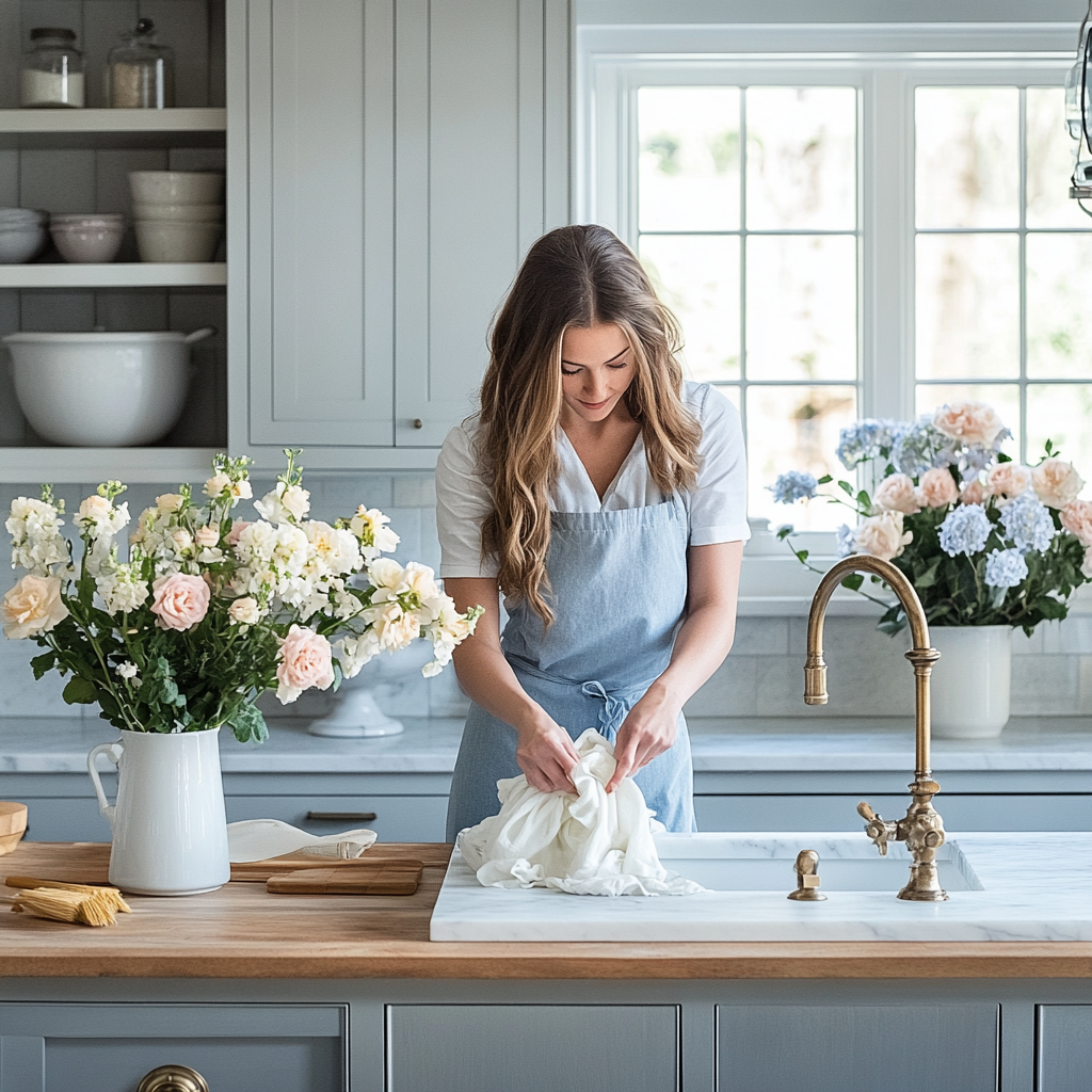 
luxury maid service ; doing dishes; bright and airy; dusty blue aprons ; fresh flowers on counter